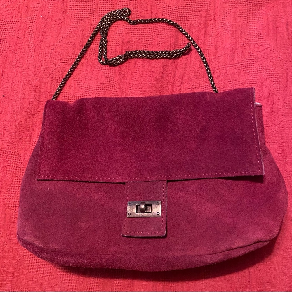 Free people cranberry colour suede bag with dark gold brass chain.